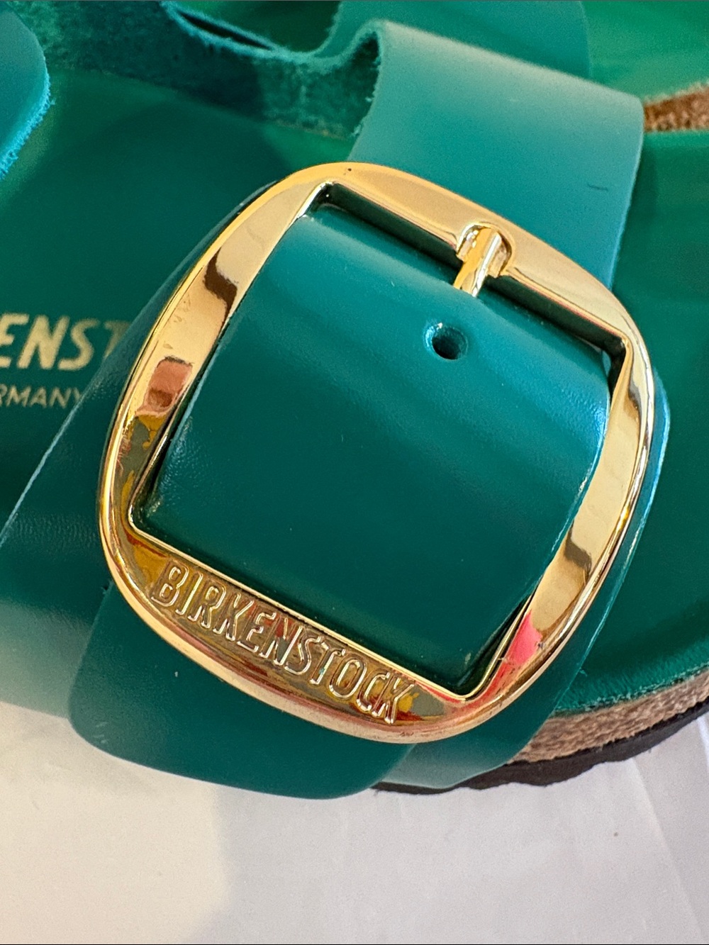 Birkenstock Arizona Two-Strap Slide Sandals in Teal with Gold Buckles - Picture 7 of 11